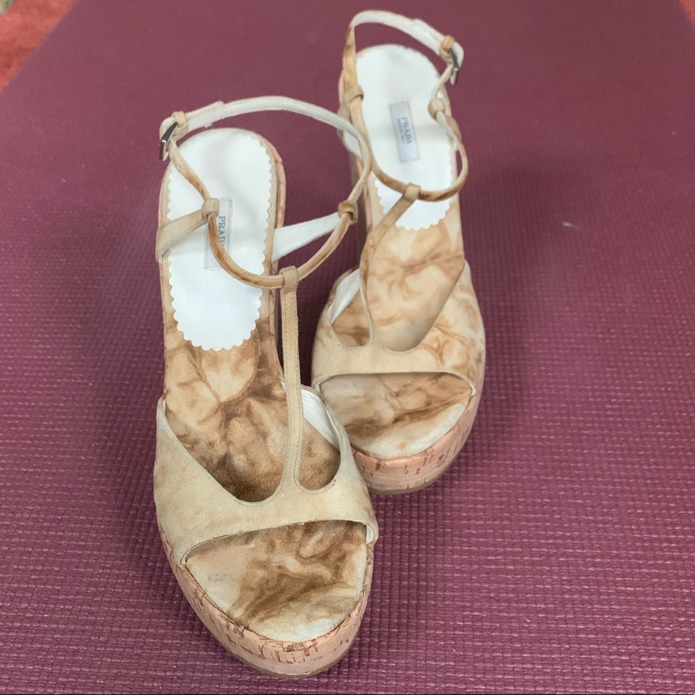 Prada Tie-Dye Suede Cork Wedges with T-strap